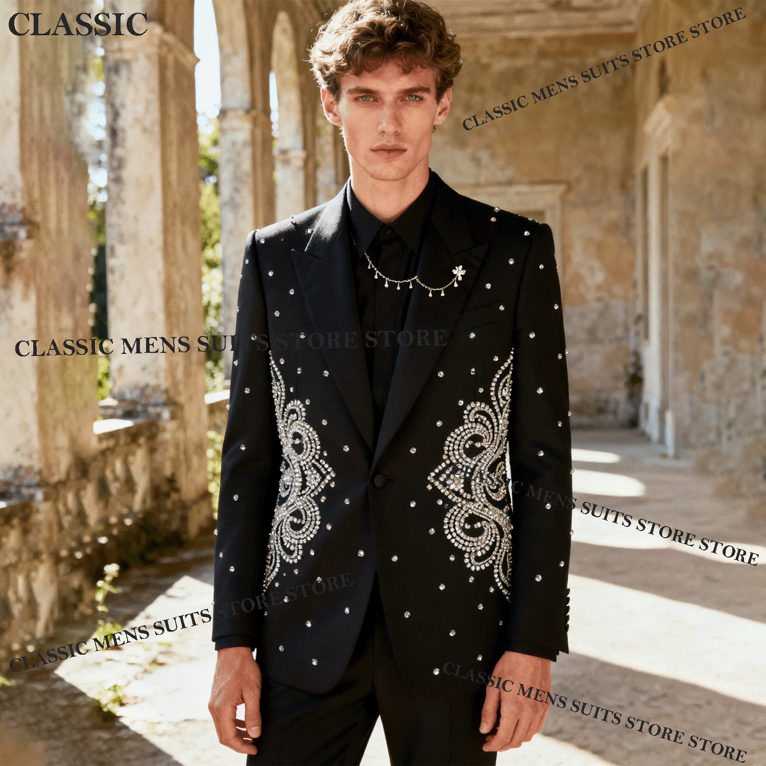 

Elegant SMetallic Jewelry Ornament Tuxedo Men uits 2 Piece Customized Wedding Groom Male Prom Blazer Slim Party Ternos Completo