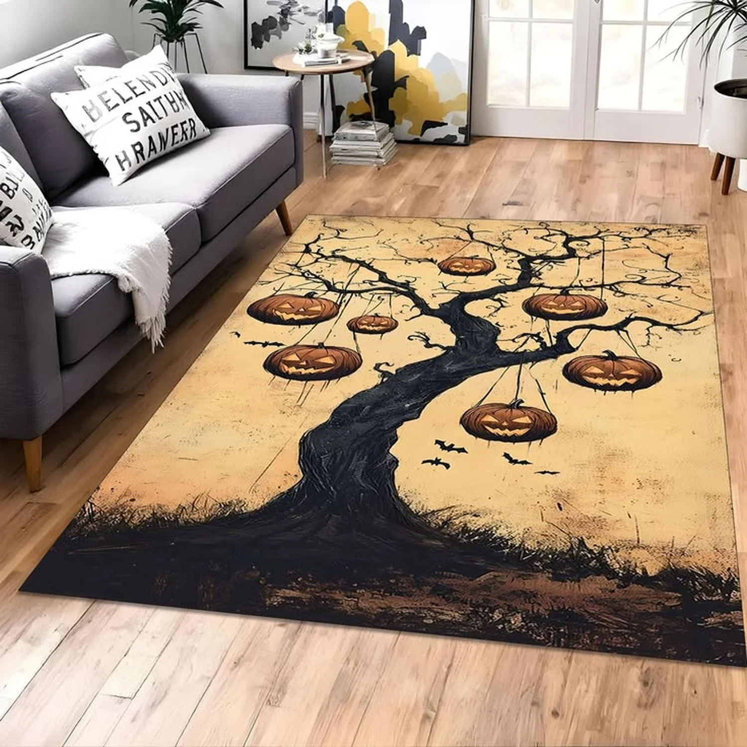 Halloween Carpet, Pumpkin Tree Carpet, Spooky Autumn Rug, Minimalist Halloween Decor, Autumn Floor Carpet, Beige Pumpkin Lantern Carpet, Haunted Tree Carpet.