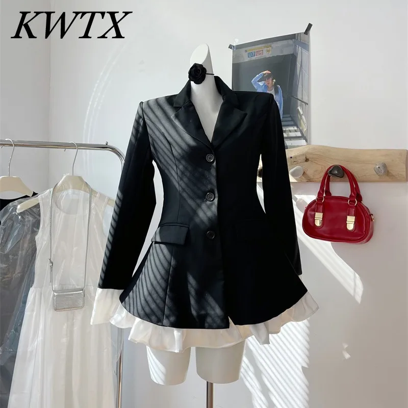 KWTX Solid Color Suit Collar Long Sleeve Combination Receiving Waist Suit Skirt V Spring 2025A Swing Dress