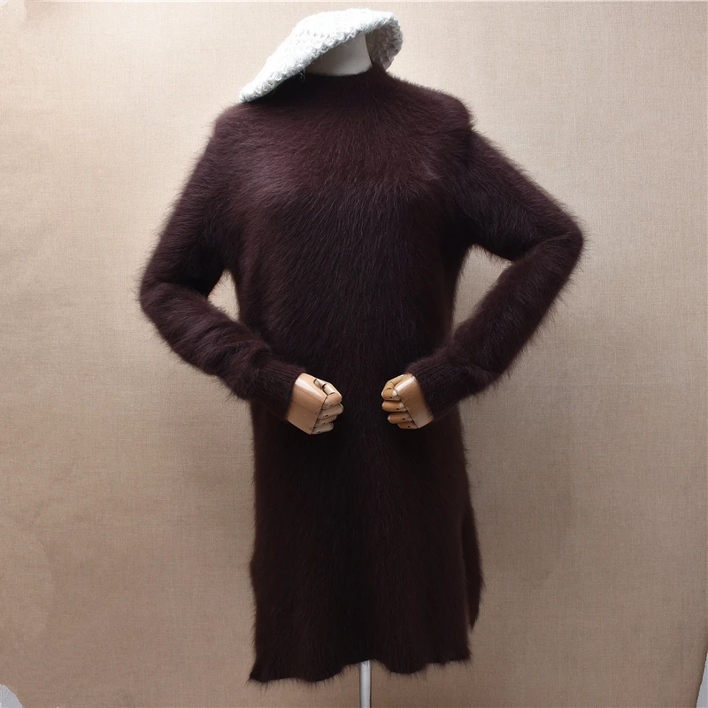 Women Mujer Autumn Winter Clothing Hairy Mink Cashmere Knitted O-Neck Long Sleeves Split Slim Blouses Pullover Angora Fur Dress