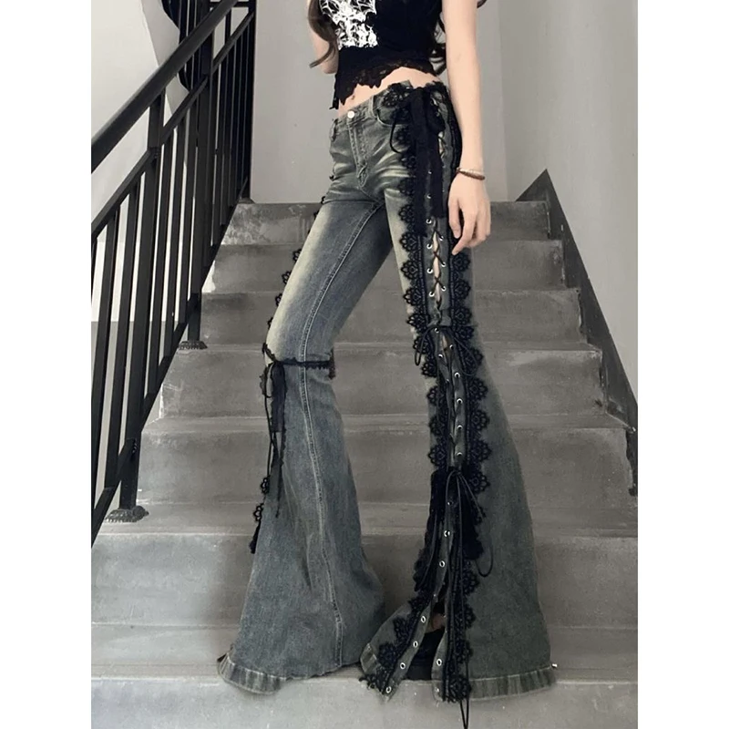 High Street Spicy Jeans Girl Black Lace Denim Flared Pants Women Slim-fit Designer Floor-length Split Casual Cowboy Flare Pants