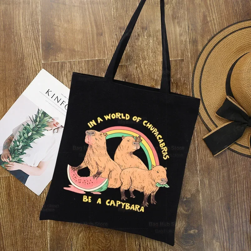 Capybara สัตว์น่ารักการ์ตูนที่กําหนดเอง Tote Bag Shopping Original Design สีดํา Unisex Travel ผ้าใบกระเป๋า Eco พับกระเป๋านักช้อป