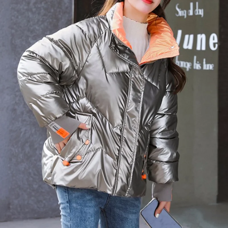 Winter Women Fashion Down Parkas Thick Jackets Short Cotton Padded Glossy Parka Outerwear Female Casual Coat New Jacket Overcoat
