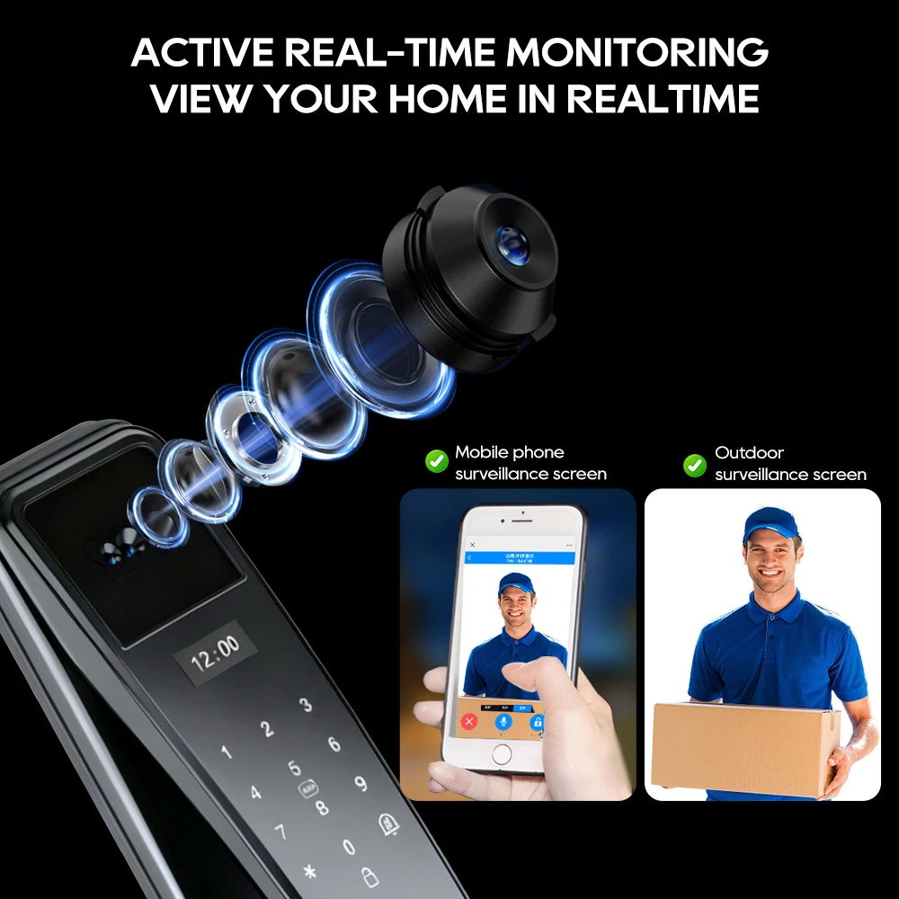 SANKESONG Tuya Smart 3D Face Door Lock Security Camera Monitor ذكي بصمة الإصبع كلمة المرور البيومترية بطارية مزدوجة