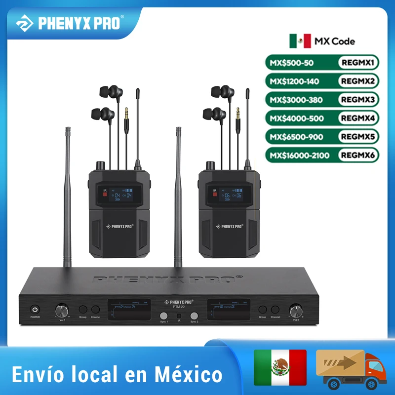 Phenyx Pro PTM-22 UHF Mono Dual In Ear Monitor Wireless System with Rackmount Kit Left/Right Outputs 2X50 Frequencies500/900MHz