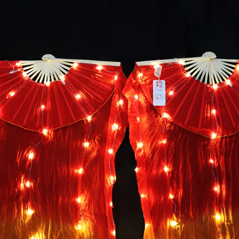 Belly Dance LED Fan Accessories Silk Fans Women LED Light With Battery 1PC/1pair Stage Performance Props Red-Orange-yellow