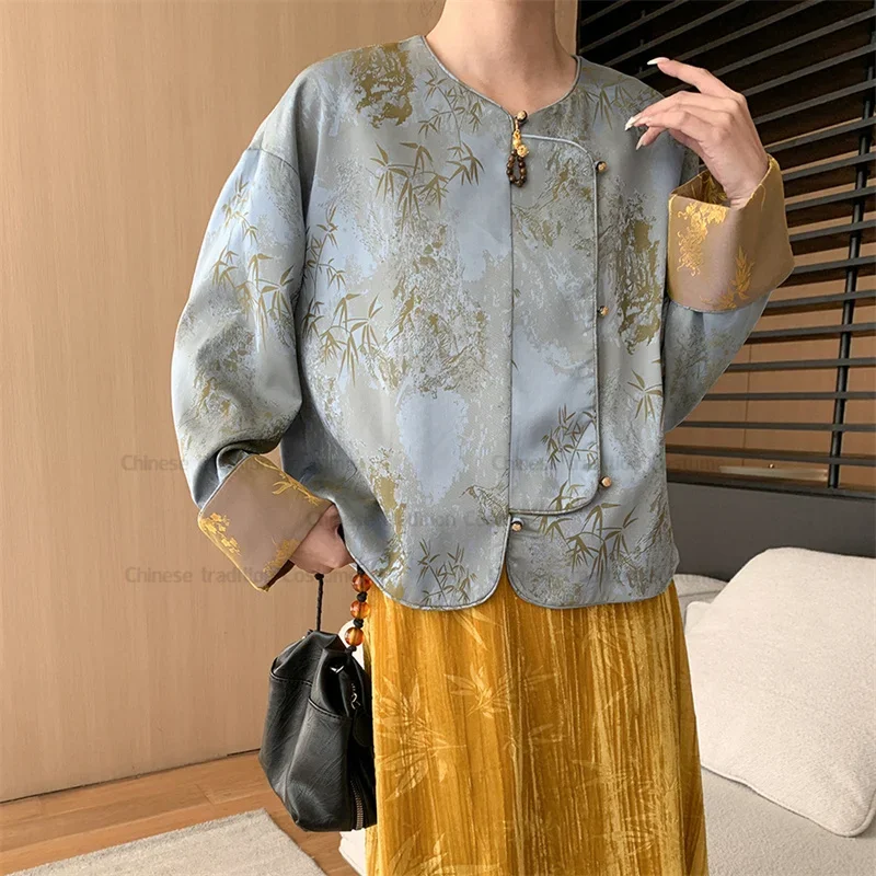 

Women Fashion Hanfu Jacket Luxury Jacquard Tang Clothes Vintage Button Down Coat Spring Autumn New Chinese Tradition Costumes