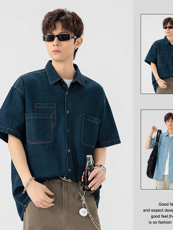 

Ретро-японская свободная мужская джинсовая рубашка с коротким рукавом, летняя модная рабочая куртка, дышащая, из хлопка и полиэстера