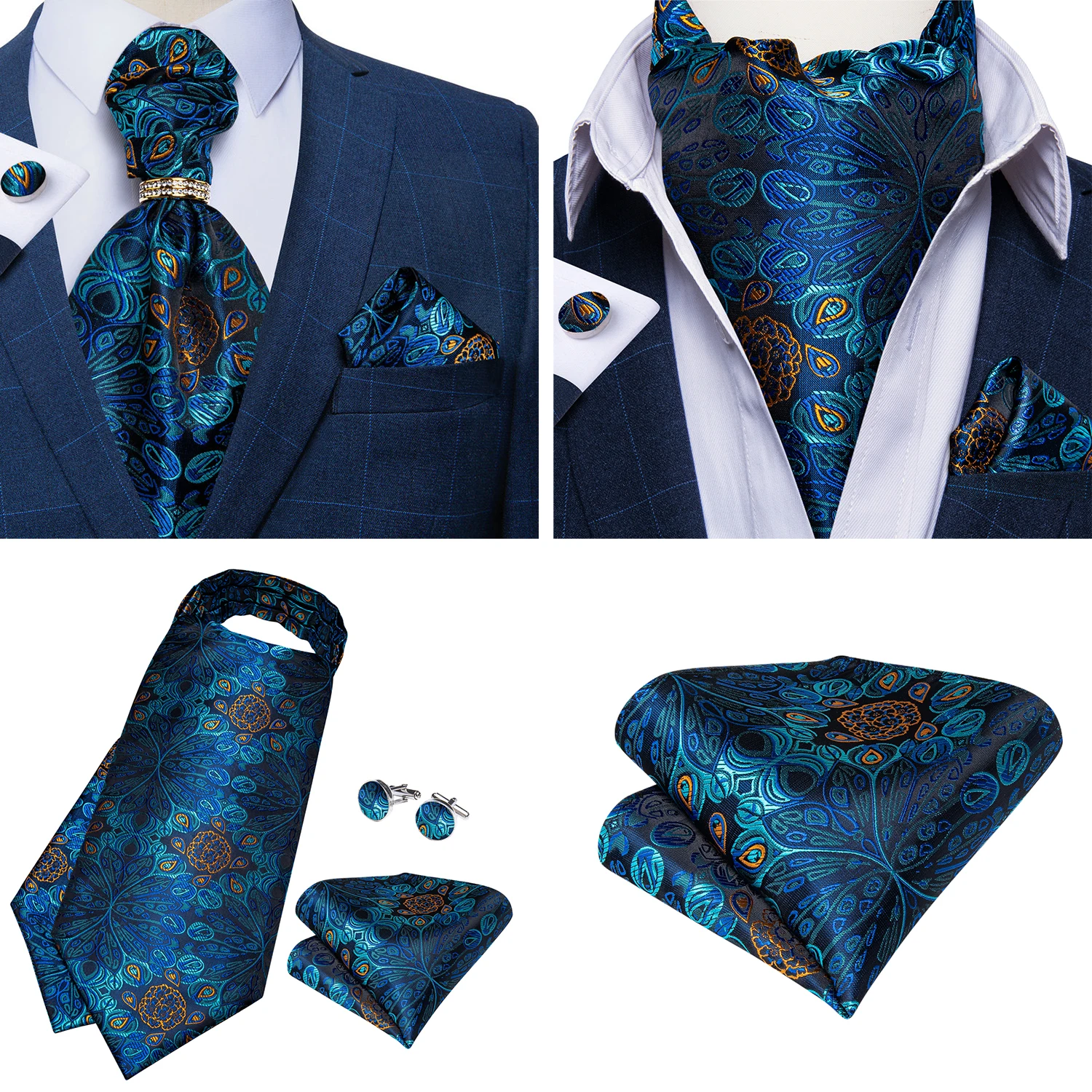 Luxury Men Green Blue Paisley Ascot Tie Set Solid Necktie Ring Wedding Party Cravat Purple Ties Pocket Sqaure Cufflink Free Ship