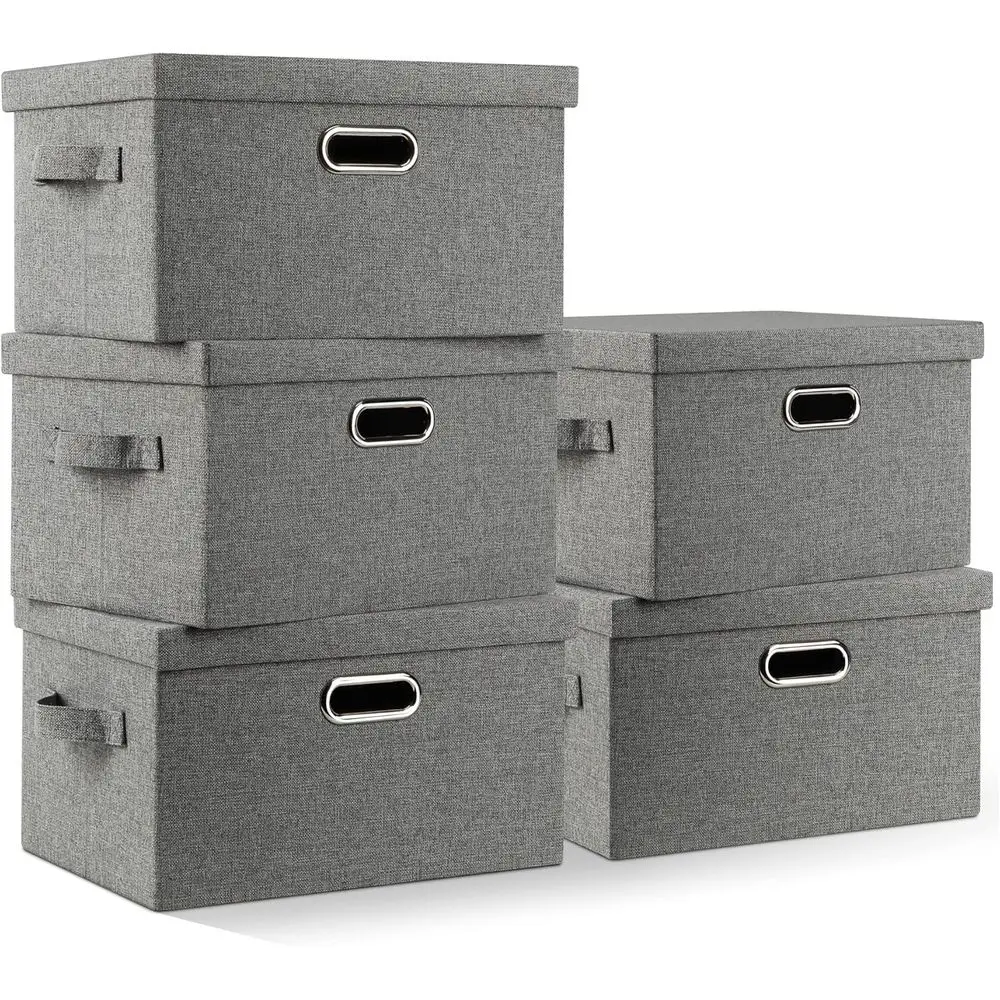 

Medium 15" 21 Quart Collapsible Stackable Storage Bins with Lids, 5 Packs Grey Foldable Fabric Closet Boxes Heavy-duty Linen Cub