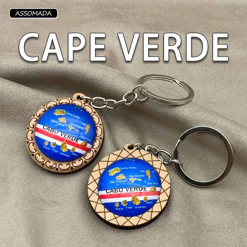 Wood KeyChain Cape Verde Chaveiro For Caboverdiano Women Men Gift Glass Ball Hemispherical Island Pendant Key Chain Accessories