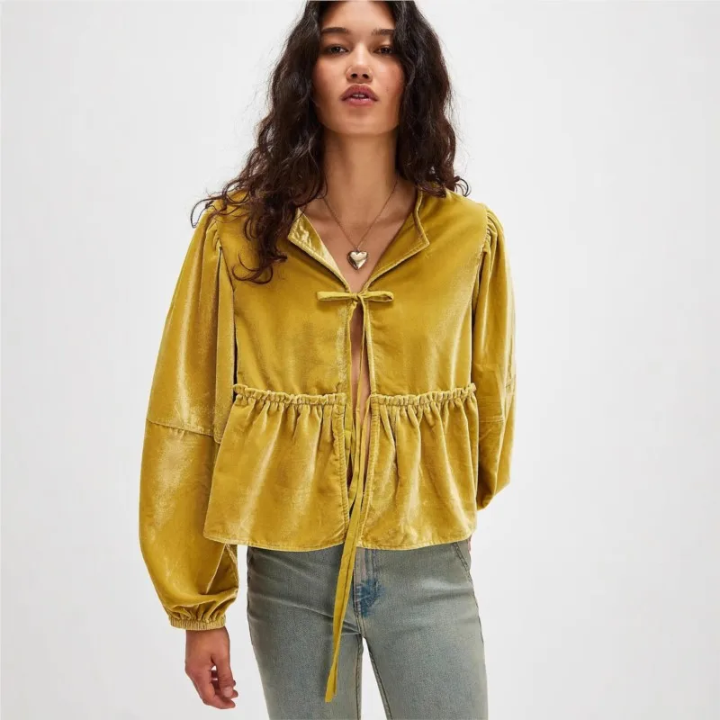 

Velvet Solid Color Long Sleeved Shirt New Autumn Style Women's Sexy Hollow Out Strap Bubble Sleeve Casual Shirt Blusas De Mujer