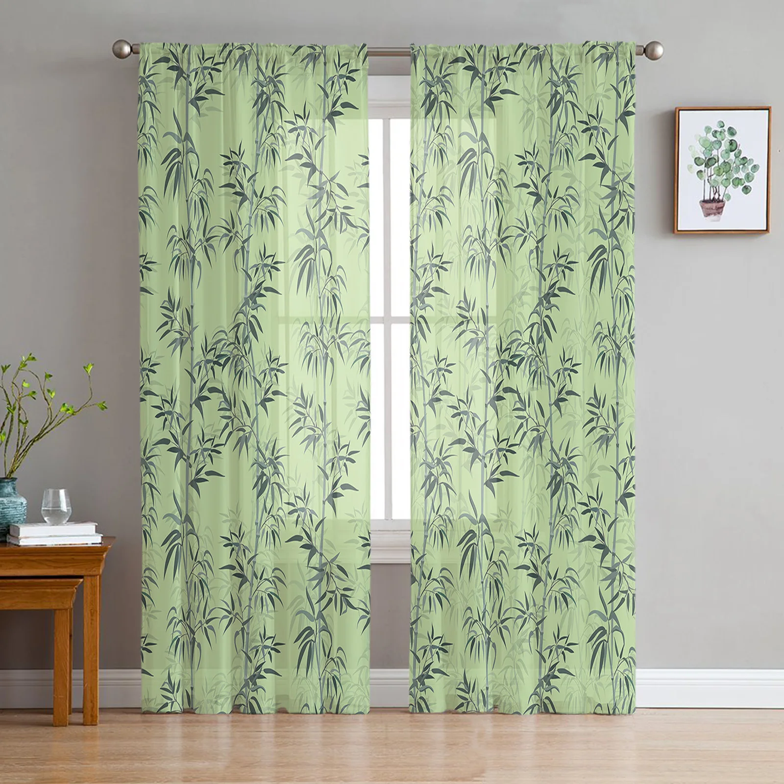 Bamboo Chinese Style Hand-Painted Spring Sheer Curtains For Living Room Window Voile Tulle Curtain Bedroom Kitchen Decoration