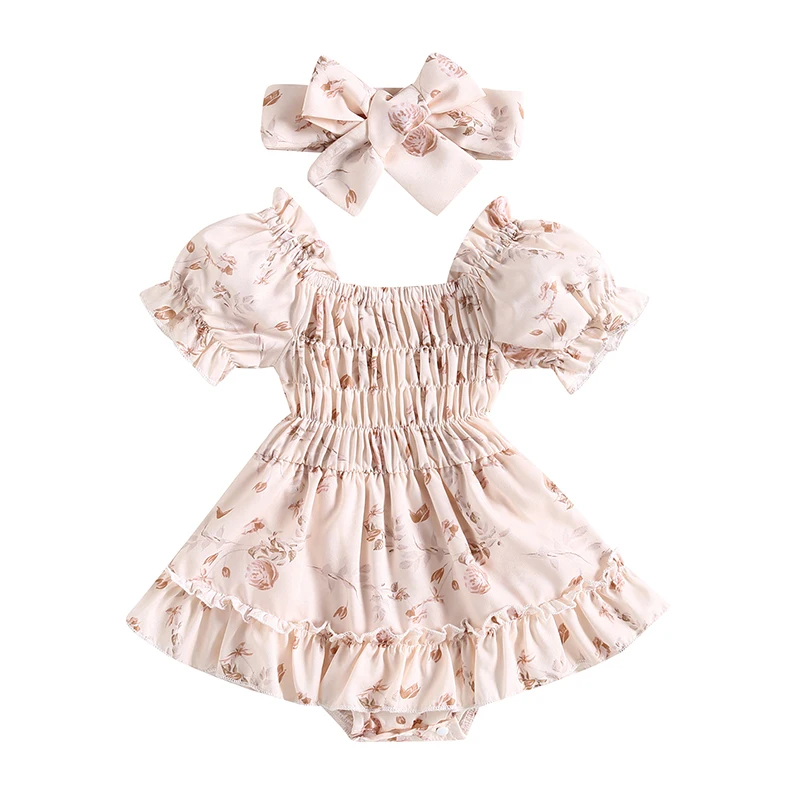 Baby Girls Romper Set Puff Sleeve Off-shoulder Pleated Flower Print A-line Dress with Bowknot Headband