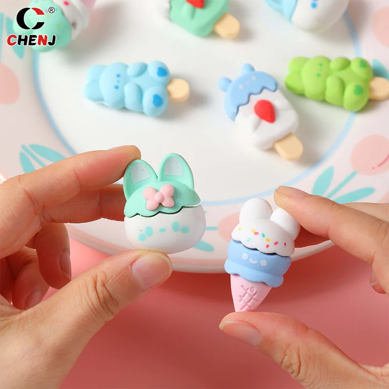 4Pcs Cute Cartoon Dessert Bunny Eraser Creative Rubber Eraser Kawaii Ice Cream Pencil Erasers Student Stationery Office Supplies