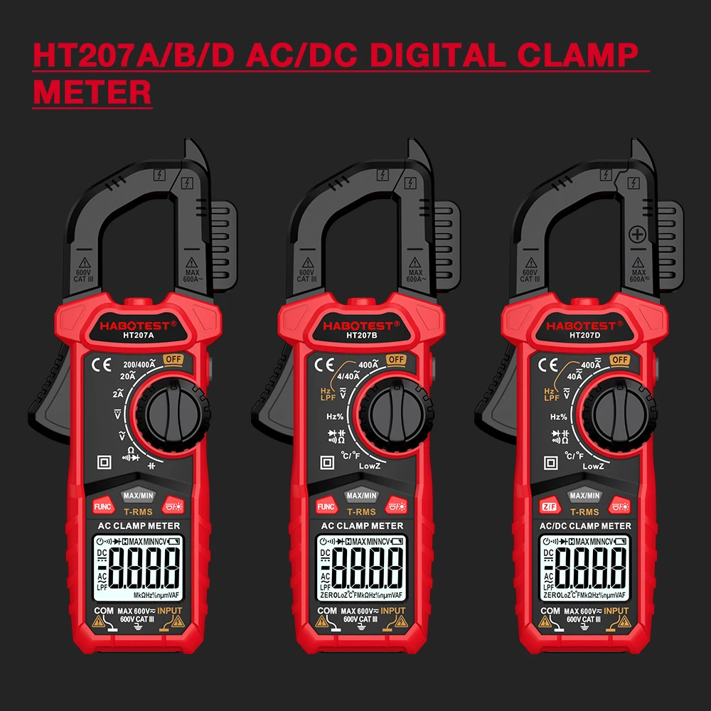 HABOTEST HT207 الرقمية المشبك متر 600 فولت صحيح RMS التيار المتناوب/تيار مستمر الحالي أمبير متر يقيس الجهد السعة درجة الحرارة أوم تستر