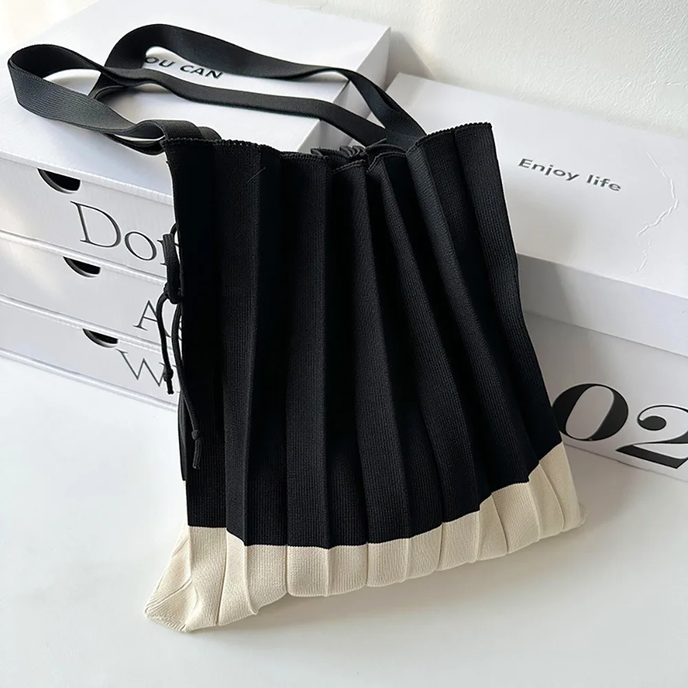 Handbag Knit Folding Shopping Bag Shoulder Pouch Eco-Friendly Foldable Eco Bag Large Capacity Contrast Color Pleated Bag