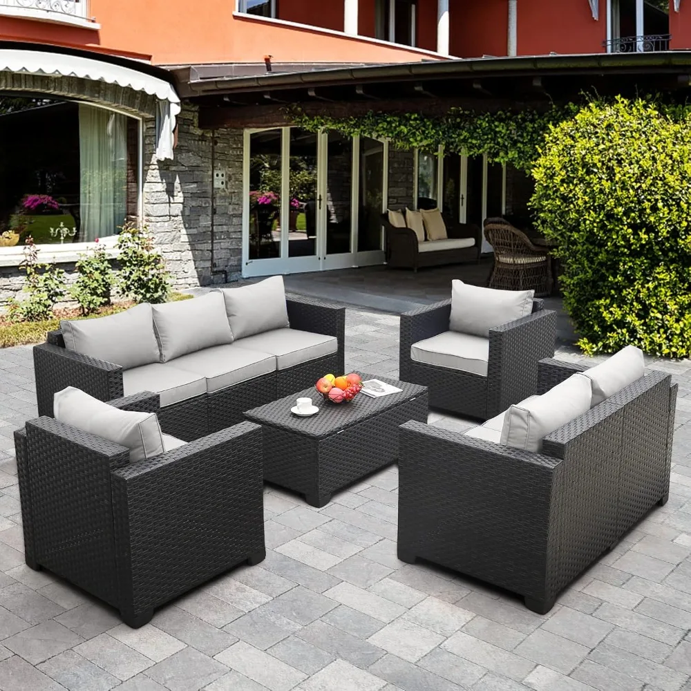 

5-Piece Furniture Sofa Set, Outdoor Wicker Sectional Couch with Storage Table Non-Slip Cushions , Rattan Garden Furniture Sets