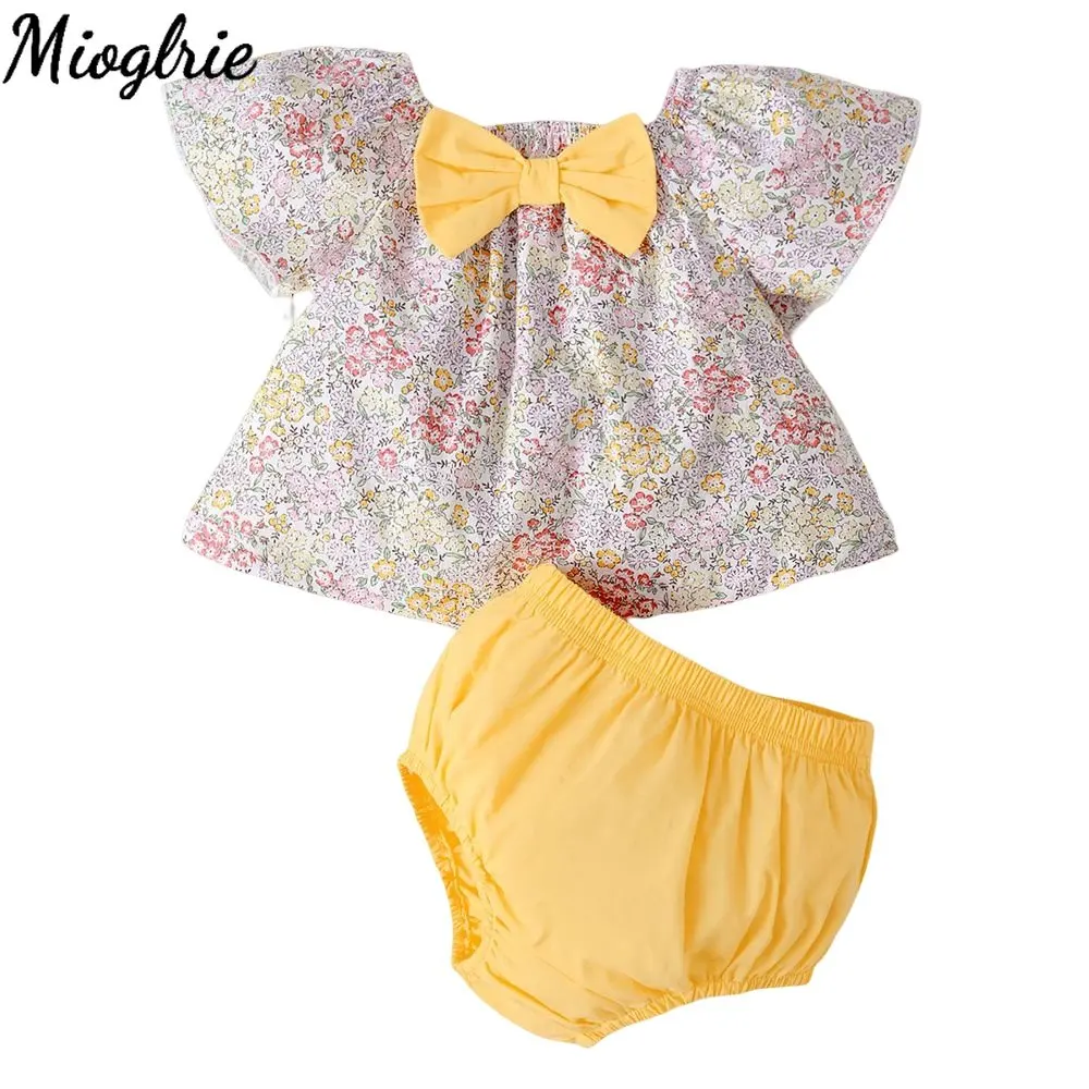 Ropa Infantil para niña pequeña, traje de manga de mosca de flores, camiseta Top de Color sólido corto de 2 piezas, disfraz de moda de verano para niña pequeña