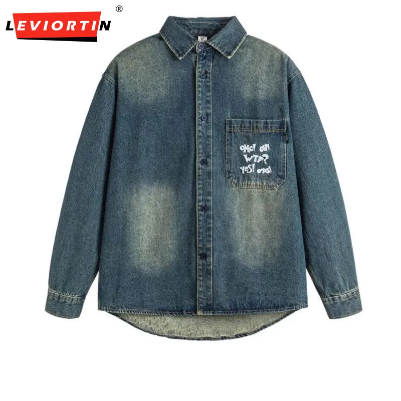 Male 2024 autumn Japanese retro embroidery couple washed casual loose collared long sleeved denim versatile shirt trend