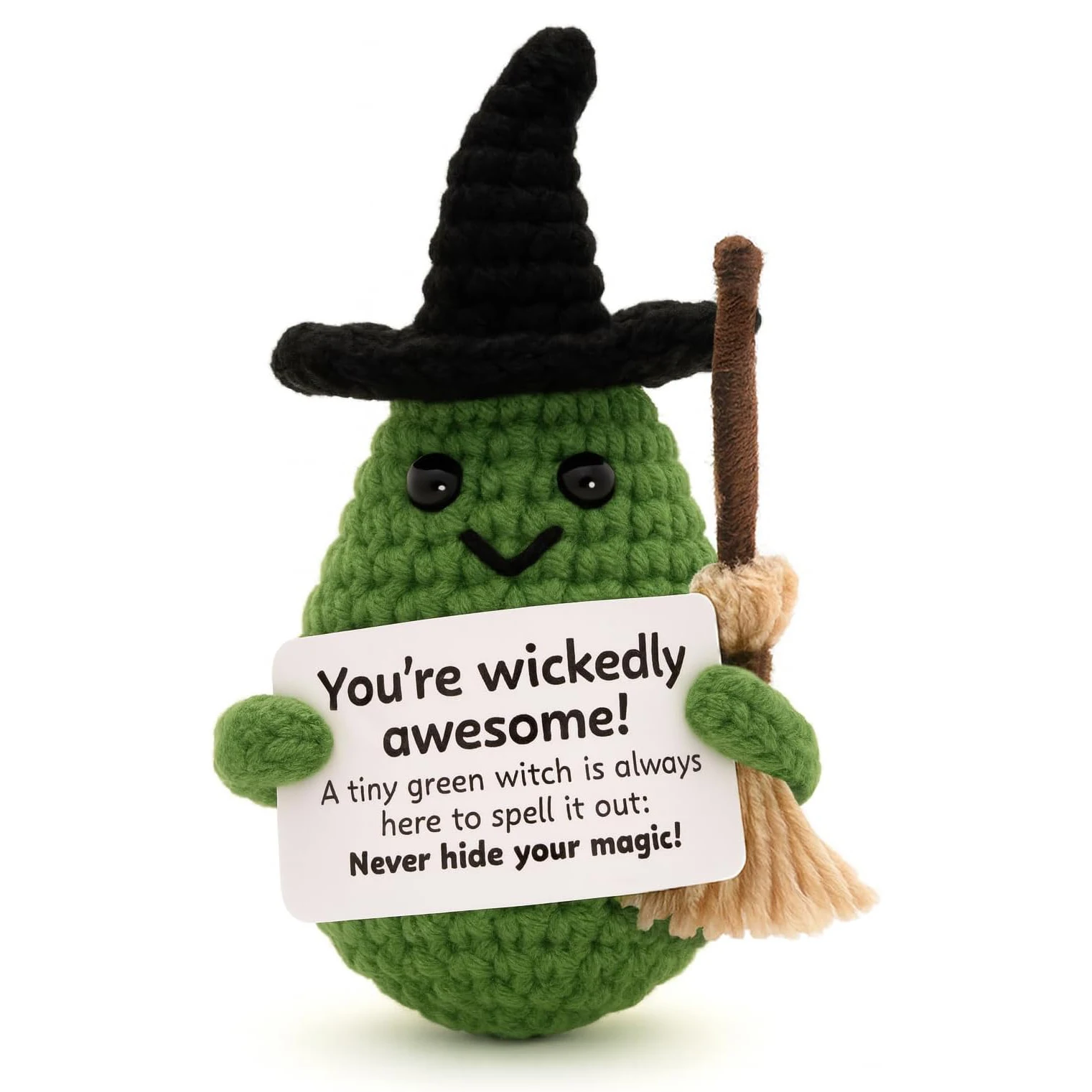 Funny Crochet Positive Energy Magic Potatoes with Broom Doll with Card Home Decoration Handmade Knitted Potato Halloween Gifts