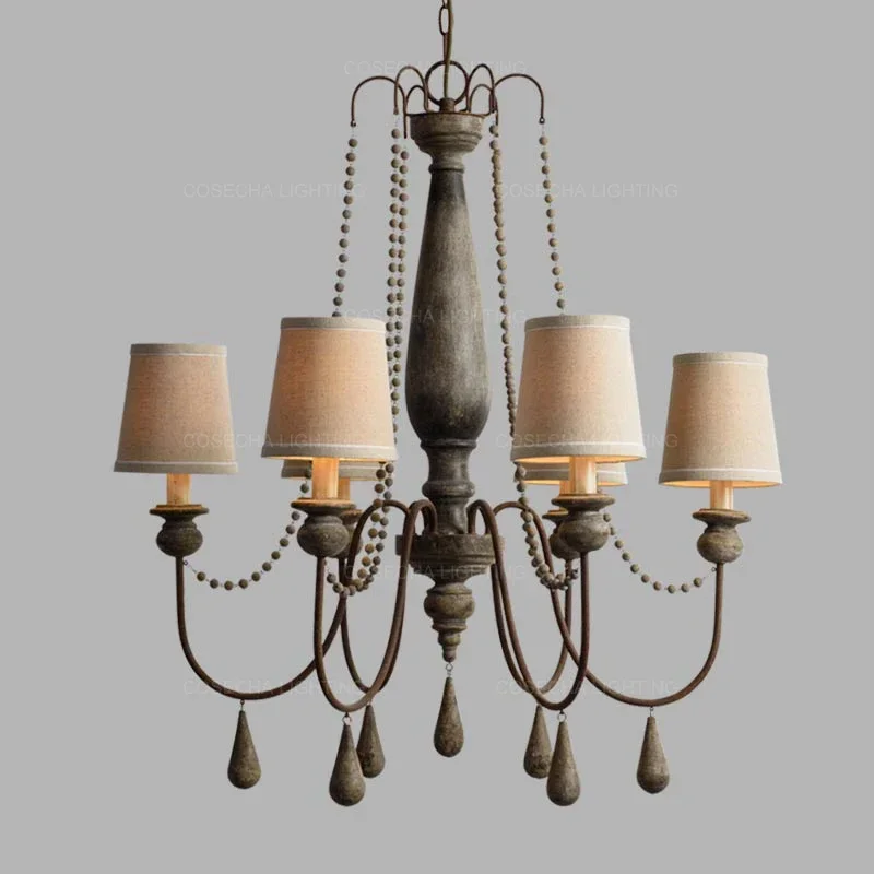 French Linen Fabric Ceiling Chandeliers Vintage Wooden Beaded Pendant Light Bedroom Living Room Restaurant Kitchen Hanging Lamps