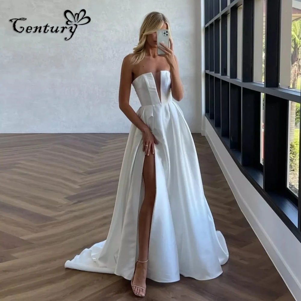 

Satin Wedding Dress Women 2025 Strapless Side Slit Lace Up Back A Line Country Bridal Gowns vestido de novia civil Customized