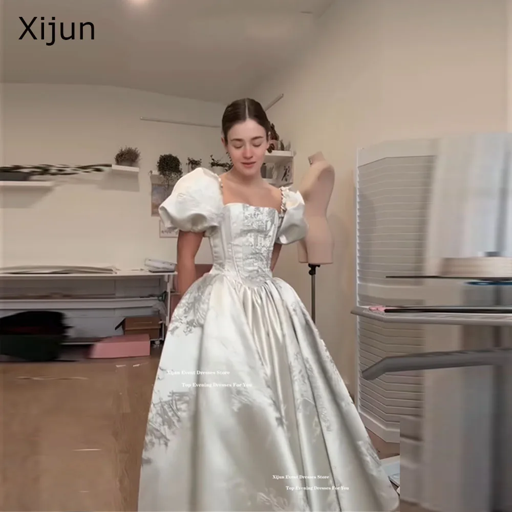 Xijun Princess White Evening Dresses A-Line Puff Sleeves Long Birthday Party Dresses Embroidery Formal Wedding Gowns Customized