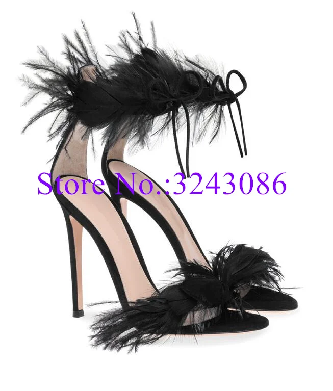 Sexy Black Feather Woman Sandals Fashion Peep Toe Lace-up Thin Heel Pumps Party Shoes Lady Popular Banquet Shoes High Heels