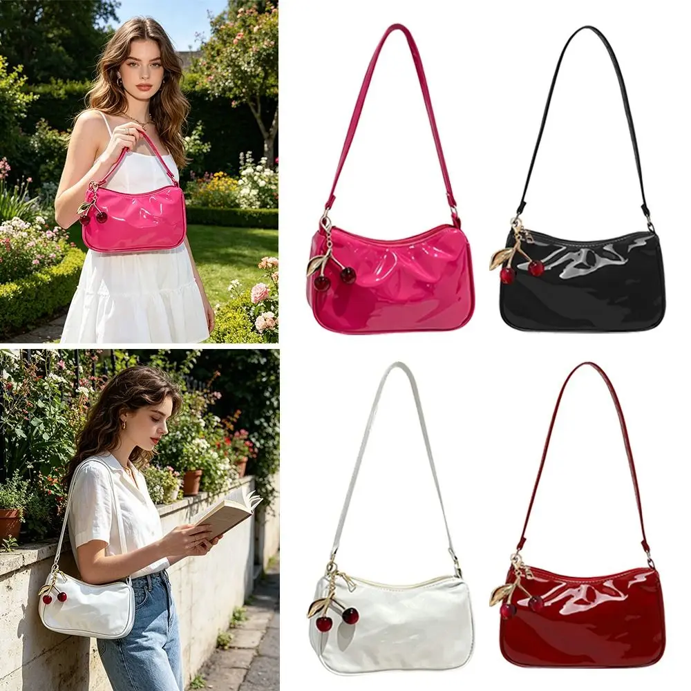 Fashion PU Leather Shoulder Bag with Cherry Pendant Casual Commuting Tote Bag Elegant Solid Color Underarm Bag Travel