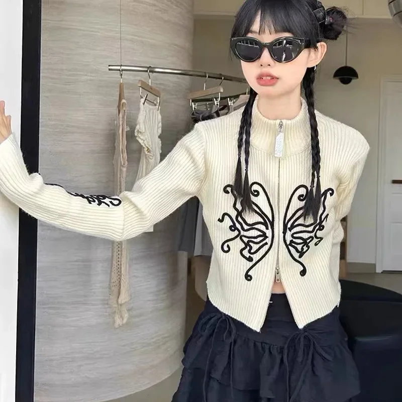

Осенне-зимний модный тонкий свитер с вышивкой бабочки и воротником-стойкой, женский повседневный толстый шерстяной теплый вязаный кардиган на молнии