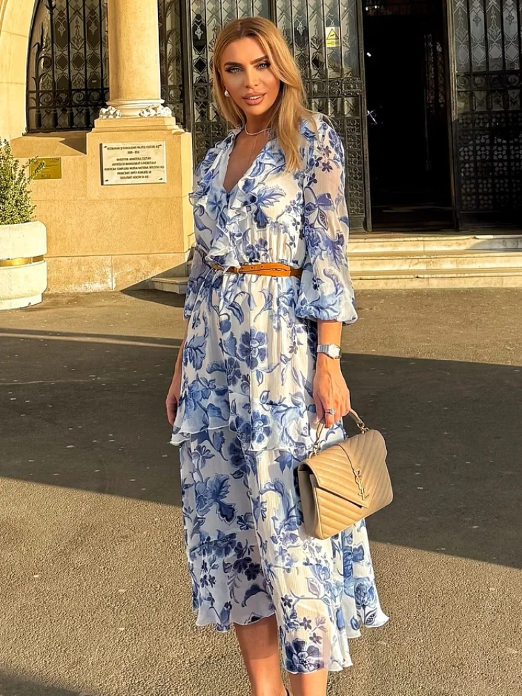 

Lady Blue Printing Ruffled Long Dress Elegant V Neck Full Sleeve Mesh High Waist Loose Vestido 2025 New Summer Fashion Robes