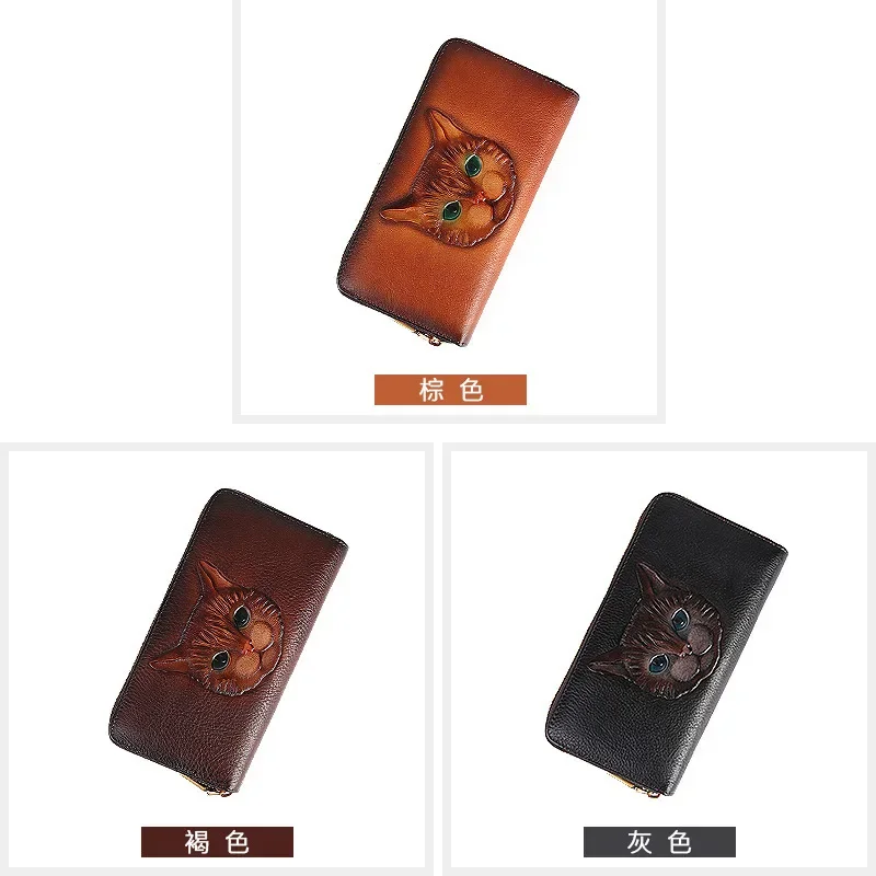 2024 New Vintage Women's Wallet Long Genuine Leather Wallets Women Purses For Ladies Handmade Embossed Woman Card Holder