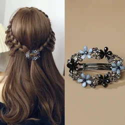 Korean Style Crystal Flower Spring Hairpin Vintage Elegant Ink Blue Rhinestone Ponytail Holder Top Clip Ladies Fashion Hairpin