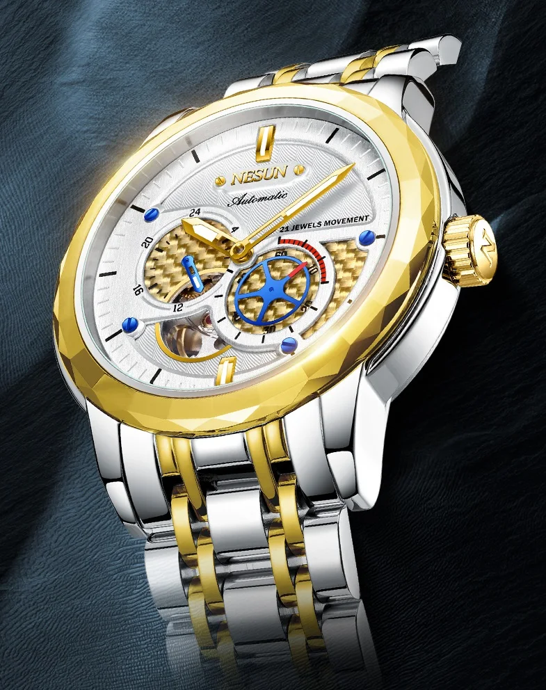 ساعة NESUN للرجال: ساعة ميكانيكية أوتوماتيكية بالكامل للرجال مع دولاب الموازنة الهيكلية وساعة رجالية كاجوال مضيئة 9810