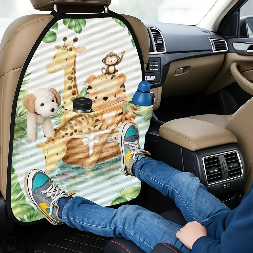 2pcs 2D Printed Car Seat Back Protector Pads, Jungle Animals Adventure Kayak Theme Pattern Printed Car Seat Back Protector Pads