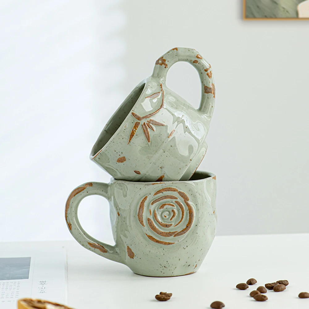 Color Blocking Vintage Ceramic Cup Hand Painted Rose Design Drinkware Cyan Milk Mug Japanese Style Tableware For Home Use