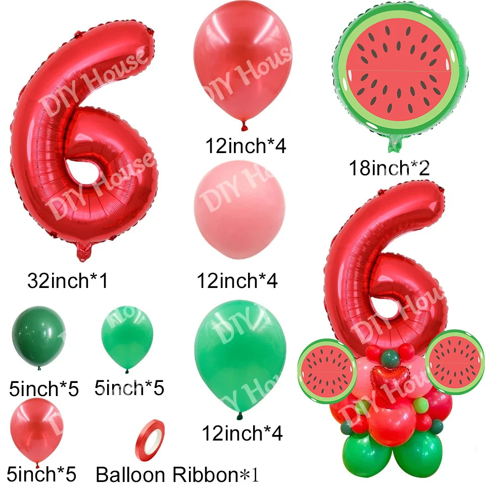 31pcs Watermelon Balloons Tower 32inch Red Number Balloon for Kids Summer Watermelon Happy Birthday Party Decoration Supplies