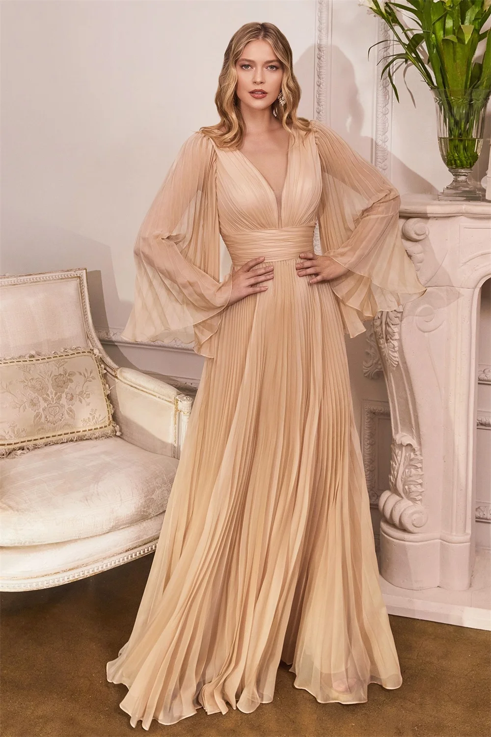 Off the Shoulder V-neck Chiffon Bridesmaid Dresses Pleated Sheer Corset Long Sleeves Formal Evening Party A-line Prom Gowns