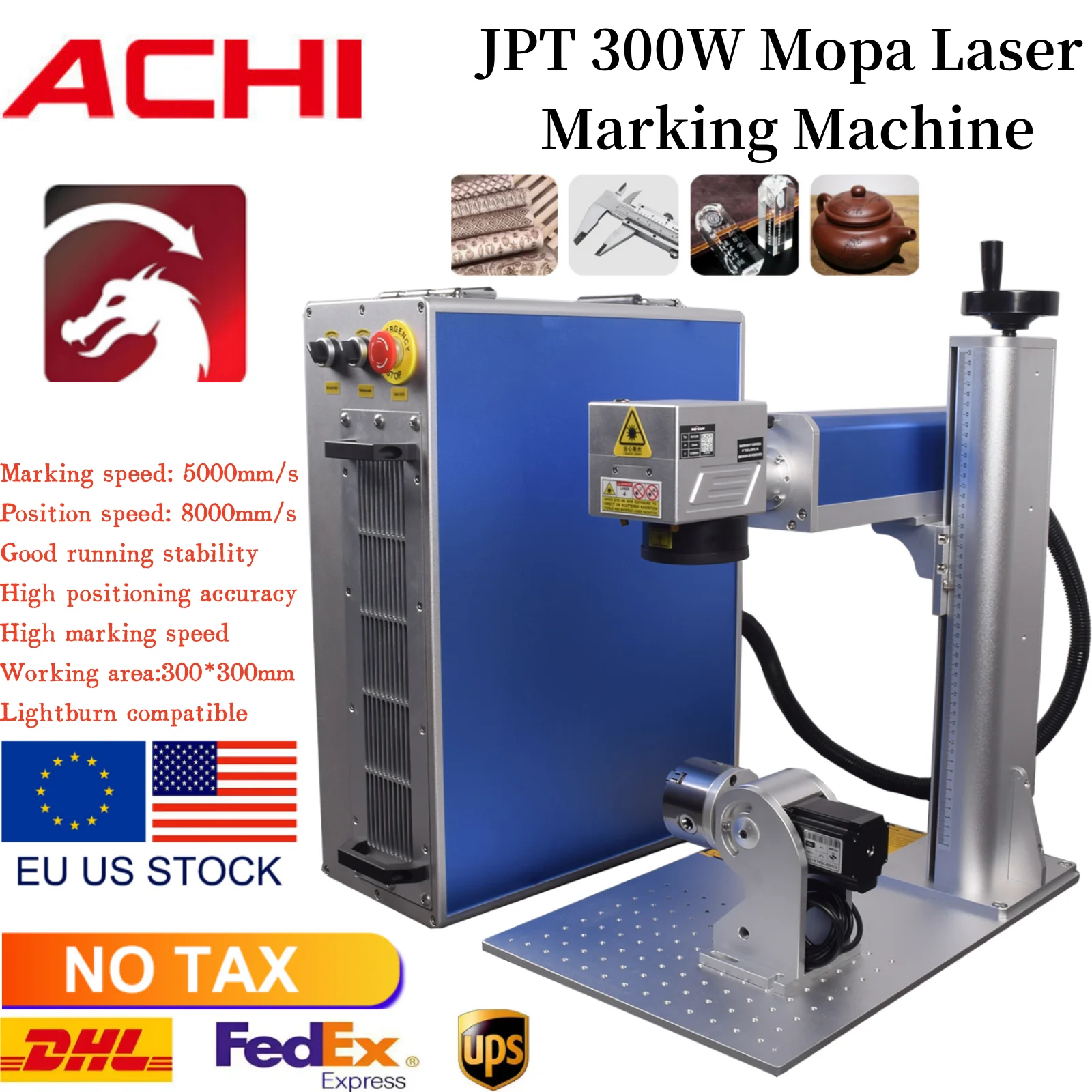 EU/US 300W JPT Mopa Fiber Metal Wood Glass Plastic Laser Marking Machine Air-cooled Deep Relief Laser Engraving Machine 5000mm/s