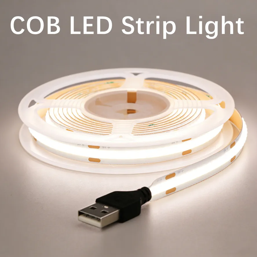 Fita de LED COB 320 LEDs/m DC5V com fonte de alimentação USB, iluminação flexível de alta densidade 3000K/4000K/6000K para uso interno.