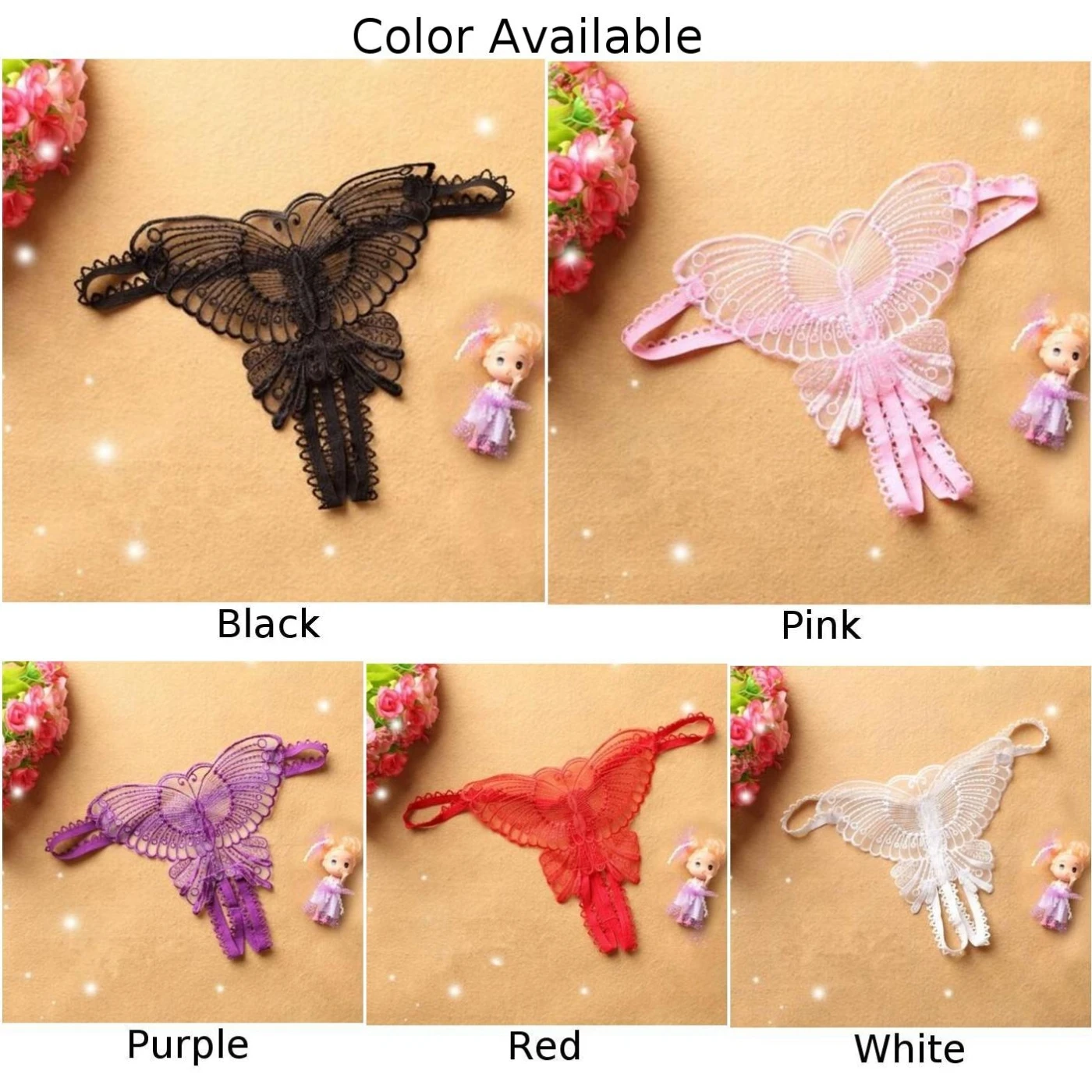 Womens Sexy Sheer Butterfly Briefs Lace Thong G-string Crotchless Panties Embroidered Underpants Open Back See Through Lingeries