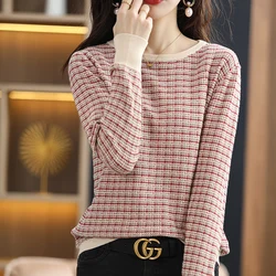 Women's Autumn Winter 100% Cotton Soft Sweater O-Neck Pullover Color Contrast Striped Casual Knitted Bottoming Warm Sweater