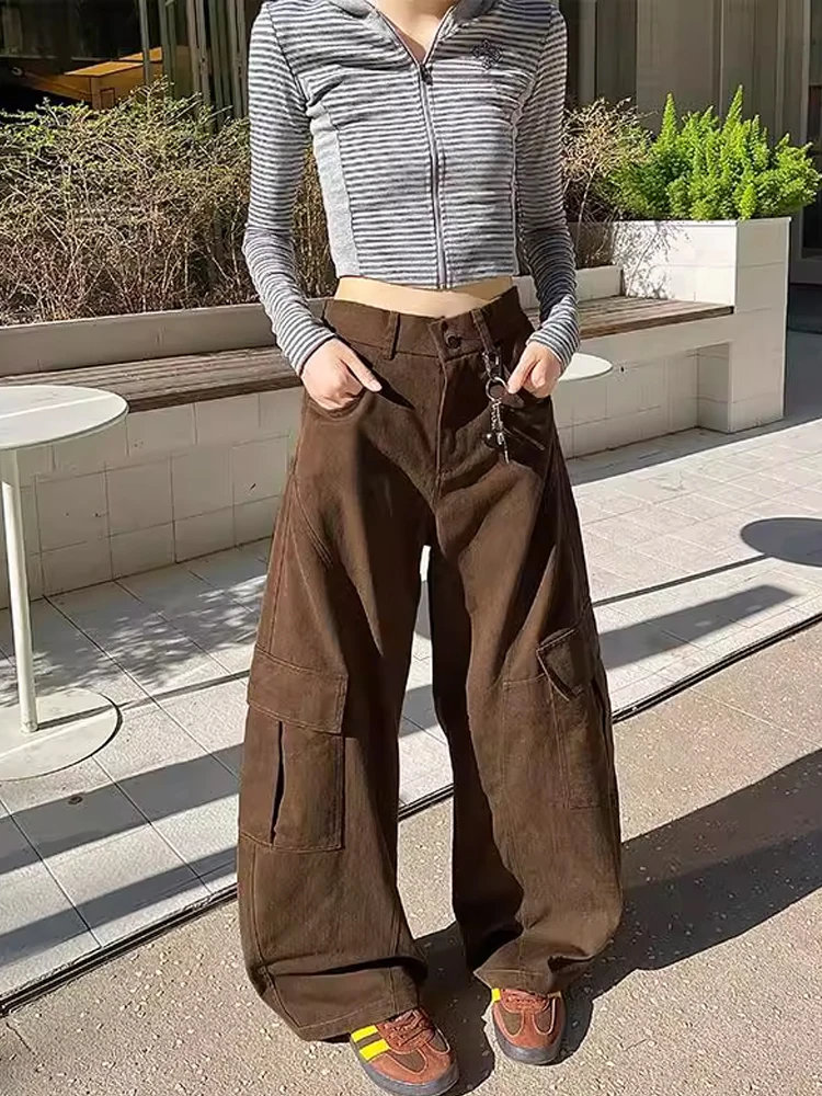 

Retro American Coffee-Colored Work Trousers Men's Women's Autumn CleanFit Multiple Pockets Wide Leg Loose Casual Long Pants