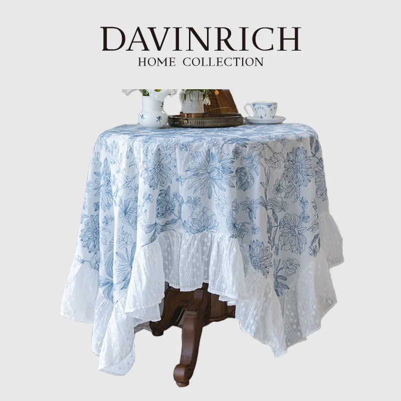 DAVINRICH French Rustic Round Tablecloth With Lace Ruffles Spiraea Chrysanthemum Floral Embroidery Garden Table Cloth Chic Decor