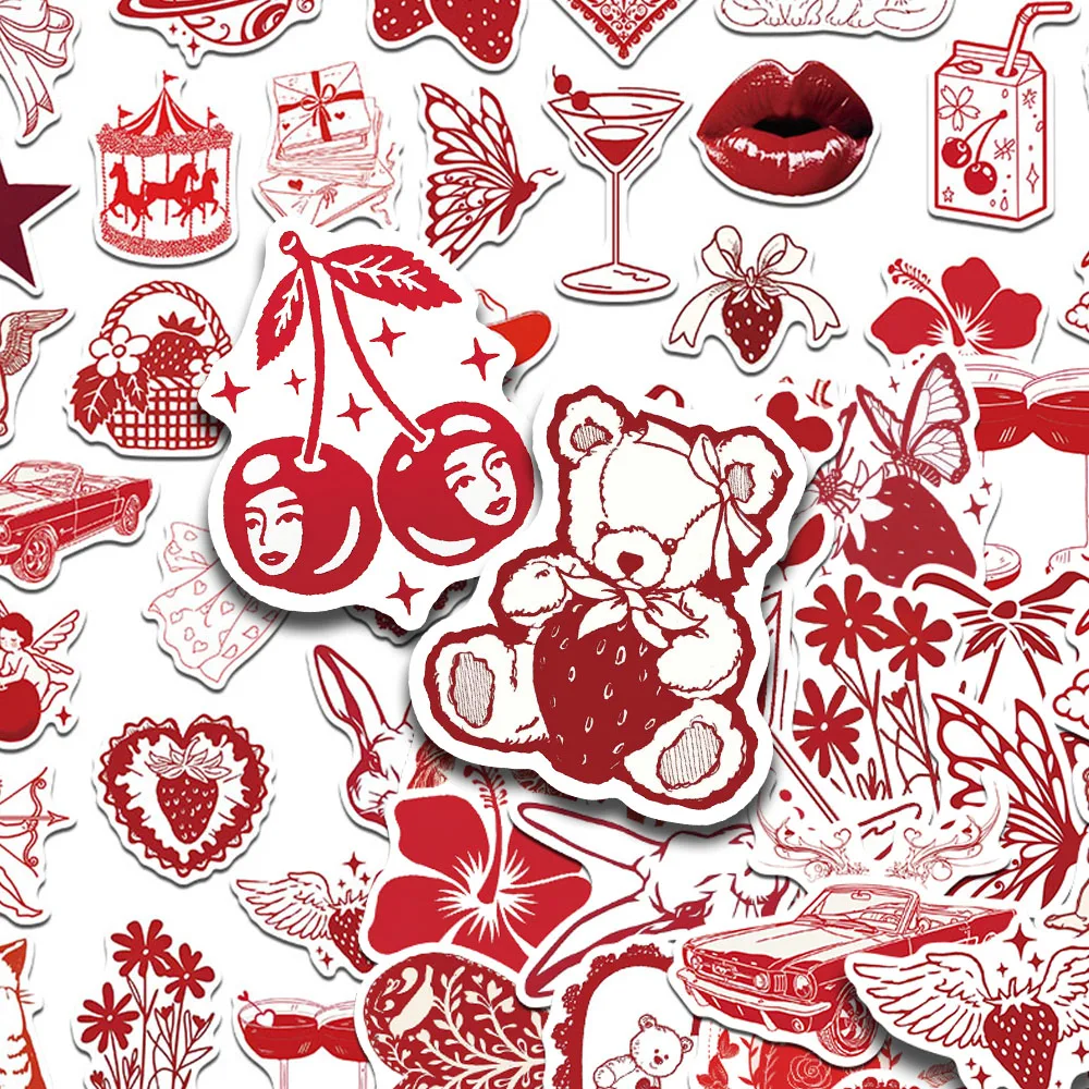50pcs Red Valentine‘s Day Sketch Stickers Decals For Phone Laptop Scrapbook Suitcase Helmet DIY Graffiti Aesthetic Stickers
