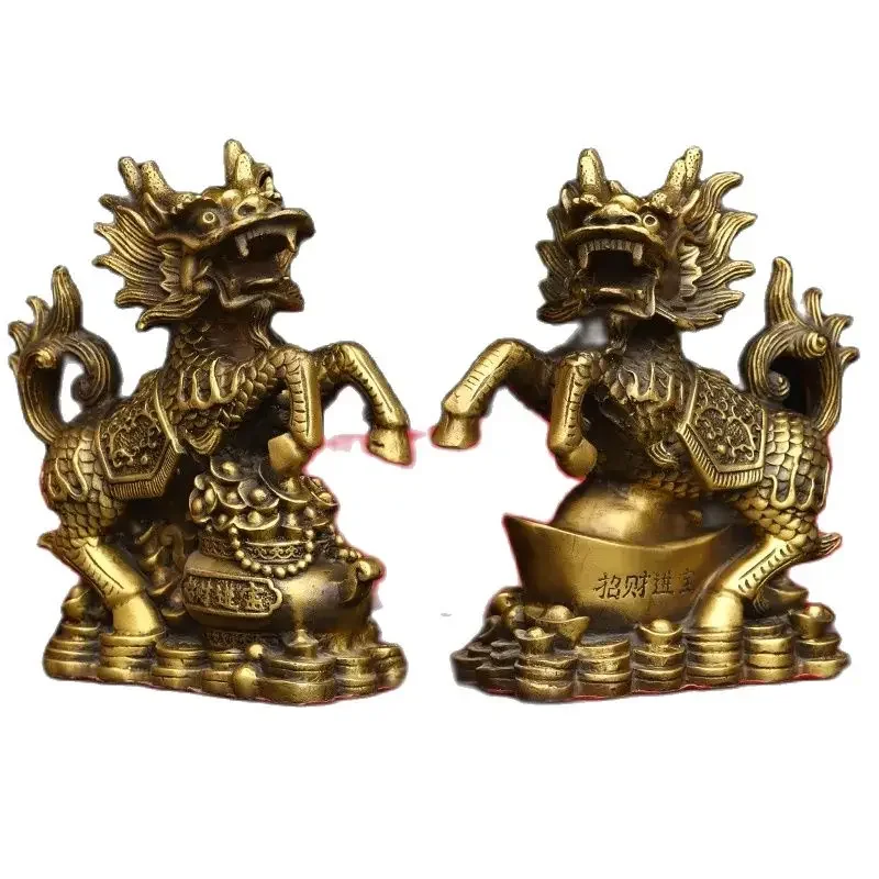 Brass gift Kirin ornament, a pair of brass polished black gold Kirin ornaments for home, living room, balcony display