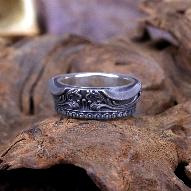 Vintage Carving Flower Crown Ring Male Jewelry Trendy 925 Silver Ring For Men Finger Accessories Adjustable