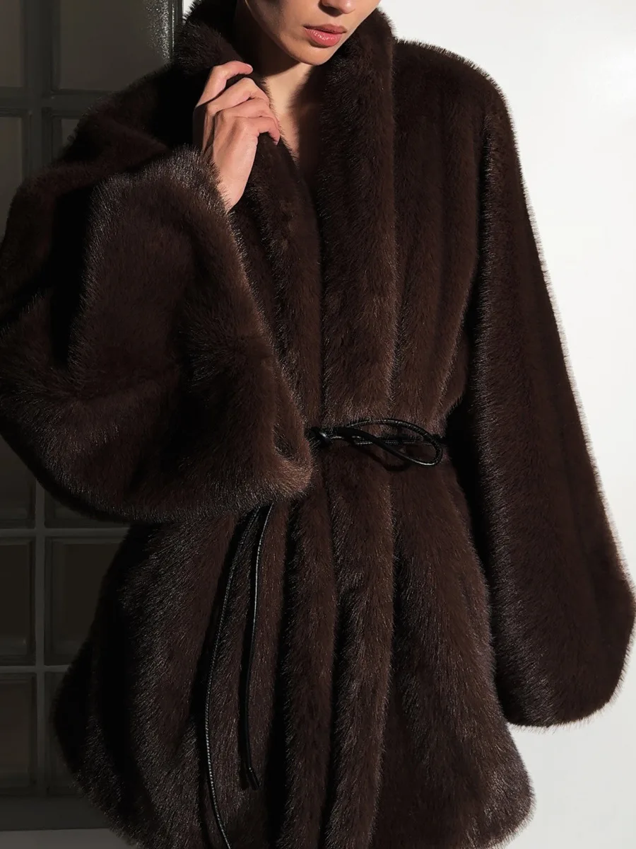 Winter High Quality Soft Fur Jacket Outwears Woman Luxury Solid Lace Up Faux Fur Coat Women Long Sleeve Pockets Loose Thick Coat