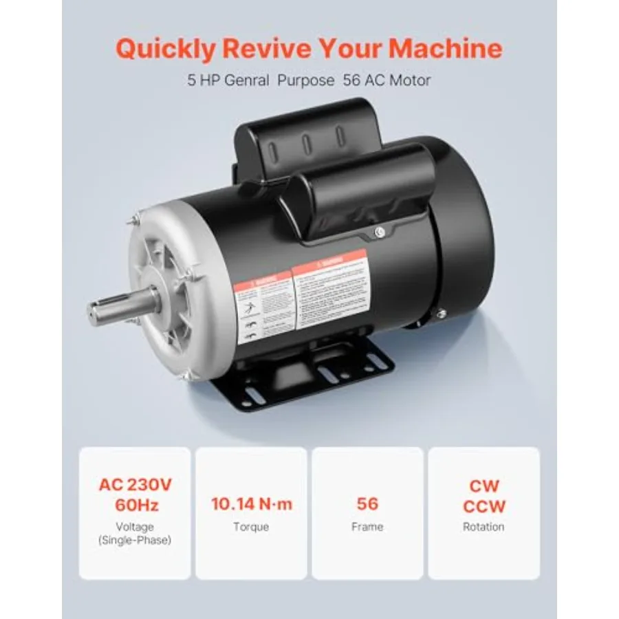 5 HP Electric Motor, 3450RPM Air Compror Motor, CW/CCW Rotation, 0.875 inch Shaft Diameter, 2.25inch Shaft Length, 10.14N.m Tor